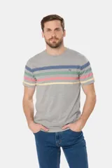 Remera de manga corta color blanco con diseño de rayas horizontales en tonos pastel en el pecho y cuello redondo.