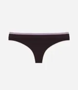 Bombacha tipo bikini de corte tanga, confeccionada en poliamida con elastano. Presenta un diseño sin costuras en color negro con bies contrastante en tono claro en los bordes.