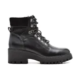 Bota de cuero negra con cordones, caña media y suela track.