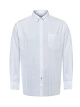 Camisa de manga larga RKF con estampado de cuadrícula fina en tonos azules y verdes sobre fondo blanco. Presenta cuello americano abotonado, cierre frontal con botones, puños ajustables y un bolsillo en el pecho con el logo de la marca bordado.