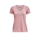 Remera Under Armour Tech Twist de mujer, color rosa jaspeado, de corte entallado, con mangas cortas y cuello en V.