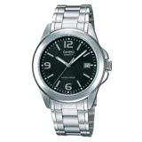 Reloj analógico Casio con caja y malla de acero inoxidable, esfera negra con números arábigos y función de calendario.