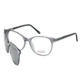 Anteojos de receta marca Noon modelo P27, con armazón de acetato transparente en tono grisáceo y patillas oscuras. Incluye un clip-on magnético con lentes oscuros para convertir los anteojos en gafas de sol.