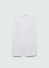 Falda midi de tiro alto confeccionada en tejido de algodón estilo denim. Presenta un diseño recto con cierre de cremallera y botón, trabillas para cinturón, dos bolsillos delanteros con bolsillo portamonedas y dos bolsillos de parche en la parte posterior. Incluye una abertura central en el bajo delantero.