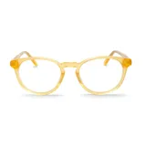 Lentes de lectura con armazón de acetato en color amarillo traslúcido, de diseño redondeado y estilo clásico.