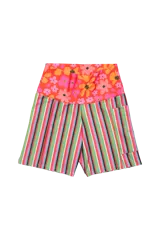 Short biker de lycra con estampado a rayas verticales de colores y cintura alta con estampado floral.