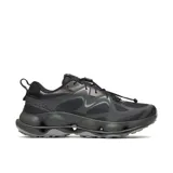 Championes Merrell modelo Speedarc Matis, color negro con detalles en gris oscuro. Presenta un diseño técnico con entresuela de espuma FloatPro, tecnología FlexPlate para mayor estabilidad y suela Vibram MegaGrip. Incluye sistema de cordones elásticos y empeine de malla transpirable con refuerzos de TPU.