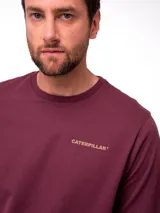 Remera de manga corta y cuello redondo color bordó, con logo estampado en el pecho y etiqueta de marca en el dobladillo.