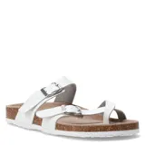 Sandalias tipo Birkenstock color blanco, con dos tiras ajustables con hebillas metálicas y suela de corcho con base de goma blanca.