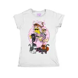 Remera negra de corte entallado con estampa frontal en color rosa que presenta a la Pantera Rosa en un puesto de comida rápida.