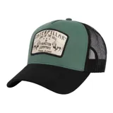 Gorro trucker Caterpillar con frente y visera de color verde militar, paneles traseros de red negra y parche frontal con diseño gráfico de bisontes y texto alusivo a la marca.