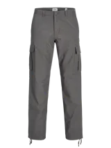 Pantalón cargo gris oscuro de corte relajado con cierre de gancho y cremallera, bolsillos traseros, frontales y laterales, tiro medio y cordones en los dobladillos. Confeccionado en tejido de sarga 100% algodón.