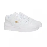 Championes Lacoste modelo Courtcage, de diseño clásico y minimalista en color blanco. Presenta el icónico logo del cocodrilo en tono dorado en el lateral y detalles de la marca en la lengüeta y la suela.