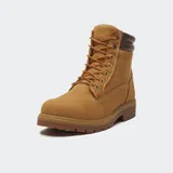 Botas Timberland Auburn Falls de cuero gamuzado color marrón claro, con caña alta acolchada en tono marrón oscuro, cordones bicolores y suela de goma tractorada.