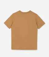 Remera alargada de algodón color ocre, con cuello redondo y mangas cortas. Presenta un estampado de la cara de un leopardo rodeada de flores y la frase "Starlit Sky".