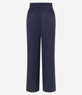 Pantalón de vestir azul marino, de corte wide leg, con cintura alta, pliegues frontales, bolsillos laterales y aplicación de strass.