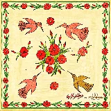 Pañuelo de seda con diseño estampado en colaboración con Ago Páez Vilaró, con ilustración de aves y flores rojas sobre fondo beige y marco decorativo.
