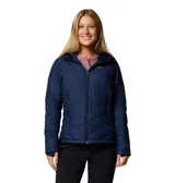 Campera acolchada de mujer color azul marino, con capucha forrada en polar, cierre frontal completo, bolsillos laterales con cierre y puños con orificio para el pulgar.