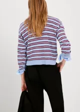 Jersey de punto celeste con rayas horizontales marrones y finas rayas blancas, cuello polo con solapa y cierre frontal de botones cortos, y mangas largas.