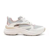 Championes deportivos Skechers modelo Street Hazel Metallic Soiree, con diseño de plataforma. Presentan una combinación de malla técnica y paneles sintéticos en tonos blanco, crema y detalles en oro rosa metálico. Incluyen suela gruesa de tracción flexible y plantilla acolchada Air-Cooled Memory Foam.