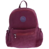 Mochila urbana de tela color bordó, con compartimento principal con cierre, bolsillo frontal con cierre y bolsillos laterales elásticos. Incluye manija superior y logo circular en el frente.