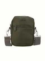 Bandolera pequeña color beige con cierre frontal y correa ajustable con logo de la marca estampado.