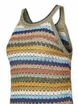 Musculosa de crochet con diseño a rayas horizontales multicolor, cuello redondo y breteles finos. Confeccionada en una mezcla de algodón orgánico, acrílico y lino orgánico.