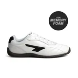 Championes deportivos Hi-Tec Ellis, color blanco con detalles en negro y suela marrón. Cuentan con tecnología Memory Foam para mayor comodidad.