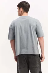 Remera de algodón marca Mistral, de corte boxy manga corta con efecto acid wash y estampas geométricas en color celeste dispuestas verticalmente sobre el frente.