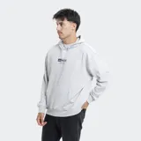 Canguro gris jaspeado con capucha, bolsillo frontal tipo canguro y logo de la marca estampado en el pecho.