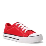 Championes de lona color rojo con cordones blancos, puntera de goma blanca y suela con franjas negras.