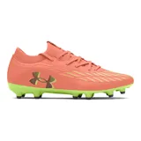 Championes de fútbol Under Armour Magnetico Select 4 FG, color naranja con suela verde lima. Presentan parte superior de piel sintética con estampado 3D para mayor control, cuello textil tipo calcetín y suela de TPU con tacos cónicos para tracción.