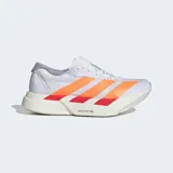 Championes de running Adidas modelo Adizero Adios Pro 4, color blanco con detalles en naranja y rojo. Presentan tecnología Lightstrike Pro en la mediasuela para una amortiguación superior y suela de caucho Continental para mayor tracción.