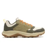 Championes de trekking Merrell Tempo Sol, combinando gamuza verde militar y malla en tonos beige y verde oscuro, con cordones naranjas y suela dentada marrón.