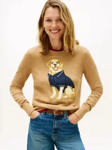 Sweater de cuello redondo Tommy Hilfiger, confeccionado en algodón, con diseño intarsia de un perro con chomba en el frente y detalle de insignia en el puño.