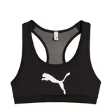 Top deportivo Puma modelo 4Keeps Bra, color negro con logo de la marca estampado en blanco en el frente. Presenta diseño de espalda nadadora con panel de malla para mayor ventilación.