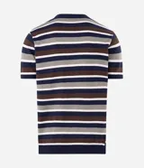Remera de tejido de punto tricot con diseño de rayas horizontales en tonos azul marino, marrón, gris y blanco. Presenta cuello redondo, mangas cortas y terminaciones acanaladas.
