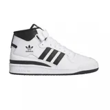 Championes adidas Forum Mid de corte medio, con diseño clásico en color blanco y detalles en negro. Presentan el icónico logo del trébol en el lateral, las tres tiras características de la marca en los costados y una tira de velcro ajustable en el tobillo para mayor sujeción.