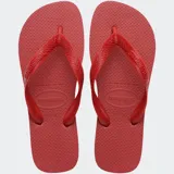 Ojotas Havaianas modelo Top, color rojo sólido, con tiras a tono. Presentan textura de arroz en la plantilla y el logo de la marca grabado.