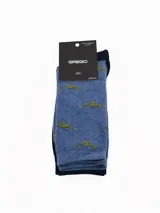 Pack de dos pares de medias de caña media con diseño a rayas. Un par presenta rayas finas horizontales en gris y negro, mientras que el otro par tiene rayas más anchas en gris y azul oscuro. Ambas incluyen el logo de la marca bordado en el lateral.