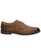 Zapato de cuero engrasado marrón oscuro, estilo urbano, con cordones y suela de goma.