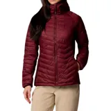 Chaqueta acolchada Columbia Powder Pass II Hybrid con capucha, color bordó, diseño híbrido con paneles laterales elásticos, cierre frontal completo y bolsillos con cremallera.