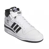 Championes adidas Forum Mid de corte medio, con diseño clásico en color blanco y detalles en negro. Presentan el icónico logo del trébol en el lateral, las tres tiras características de la marca en los costados y una tira de velcro ajustable en el tobillo para mayor sujeción.