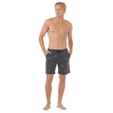 Short de baño negro con estampado de palmeras y cócteles en colores celeste, amarillo y blanco.