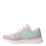 Championes urbanos Umbro con diseño en bloques de color, combinando tonos menta y rosado. Presentan paneles superpuestos, cordones blancos y suela de goma blanca.