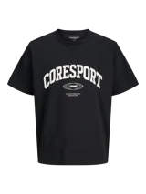 Camiseta de manga corta y cuello redondo, color negro, con corte holgado (loose fit). Presenta un estampado frontal en blanco con la palabra "CORESport" en tipografía universitaria arqueada, el año "1990" dentro de un diseño de globo terráqueo, y el texto "ATHLETIC ESSENTIALS CREATIVE DEPT." debajo.