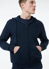 Campera canguro de plush azul marino con cierre frontal completo, capucha con cordón ajustable y bolsillos frontales estilo tipo canguro.