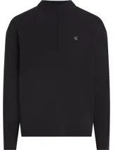 Sweater negro de punto de algodón suave con cuello alto y corte relaxed. Presenta el logo de Calvin Klein bordado en el pecho.