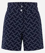 Short recto de sastrería color azul marino con estampado geométrico de ondas blancas. Presenta cintura alta y ancha, cierre frontal con botones plateados y cremallera.