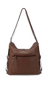 Cartera convertible en mochila de diseño versátil, color tostado, con textura granulada. Cuenta con un bolsillo frontal con cierre, compartimento principal espacioso y correas ajustables para llevar al hombro o como mochila.